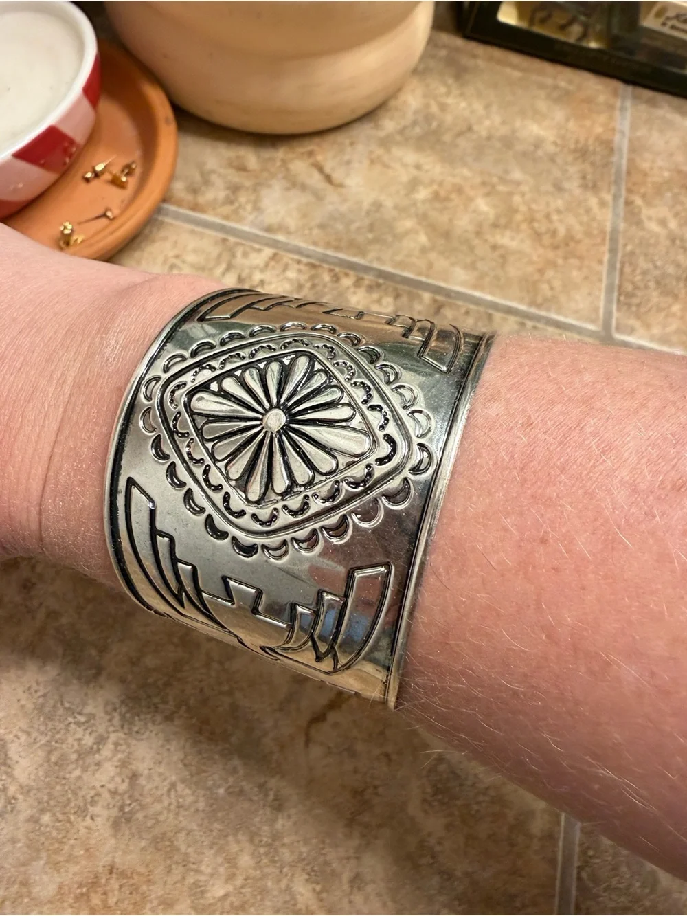 Silver-Tone Wide Floral Etched Cuff Bracelet